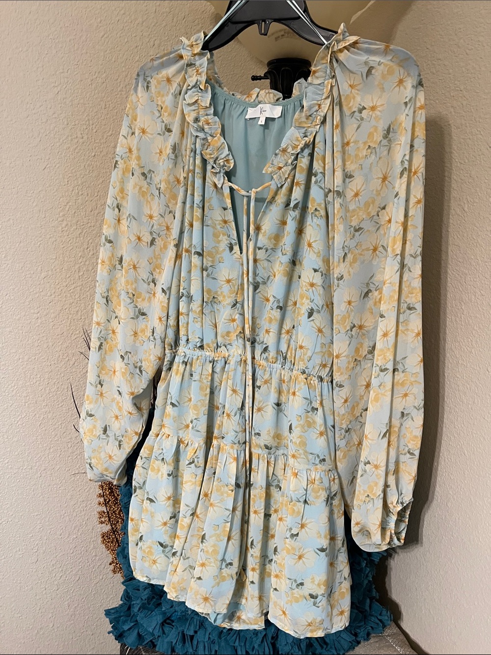 Klesis Floral Ruffle Tie-Neck Romper in Light Blue and Yellow